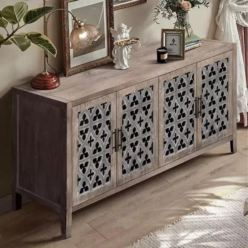 Vaisselier ancien à quatre portes creuses, buffet de rangement de style campagnard américain