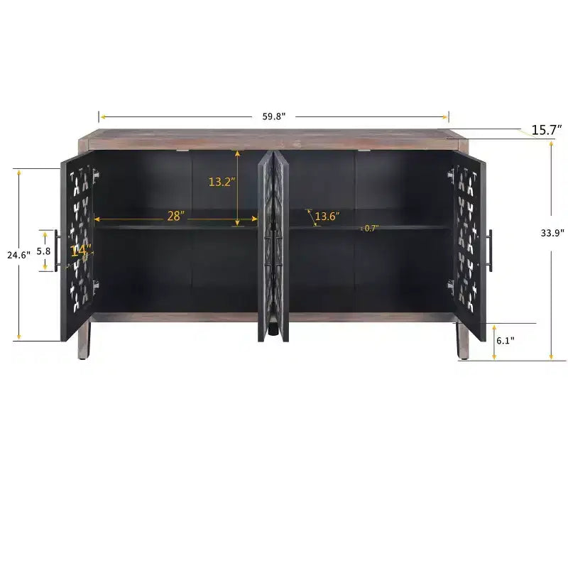 Vaisselier ancien à quatre portes creuses, buffet de rangement de style campagnard américain