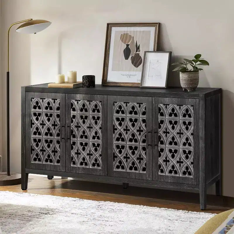 Vaisselier ancien à quatre portes creuses, buffet de rangement de style campagnard américain