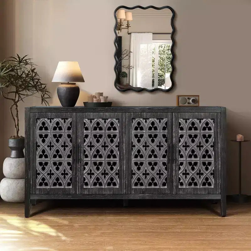 59.8W Hollow Four Door Antique Sideboard , American Country Style Buffet Storage Cabinet Suitable for Living Room, Kitchen - ModernLuxe