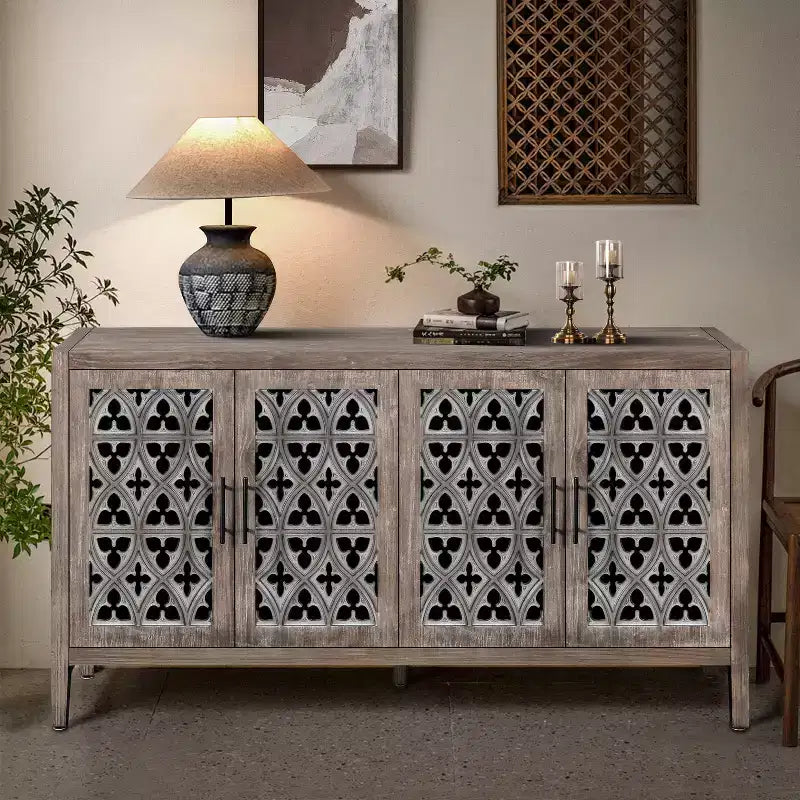 Vaisselier ancien à quatre portes creuses, buffet de rangement de style campagnard américain