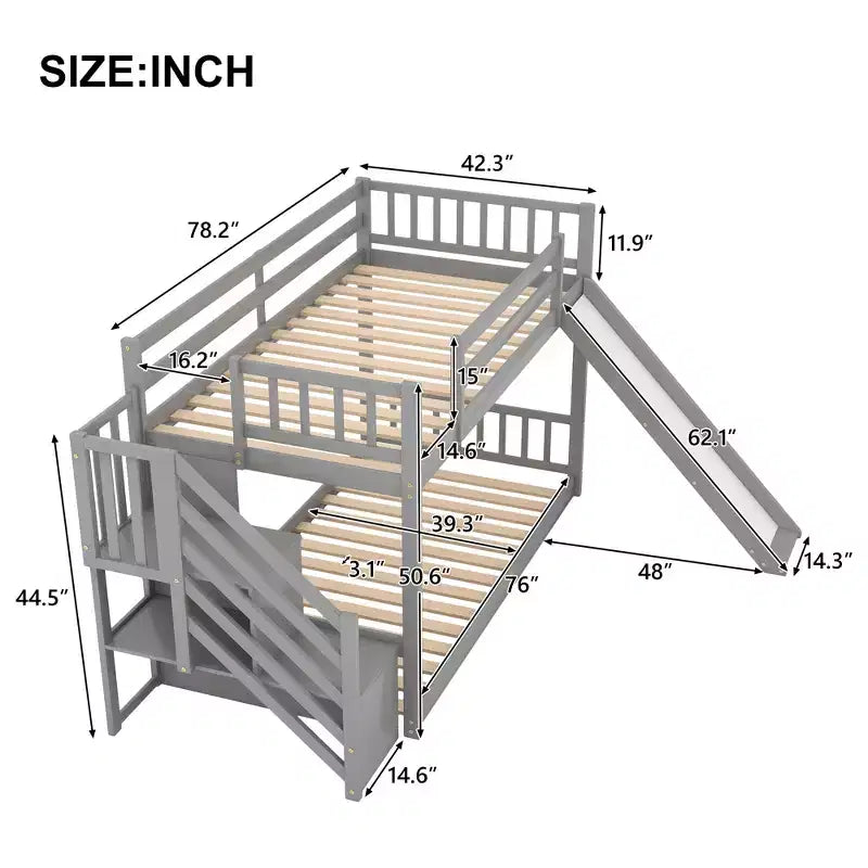 Lit superposé en bois avec toboggan convertible et escalier