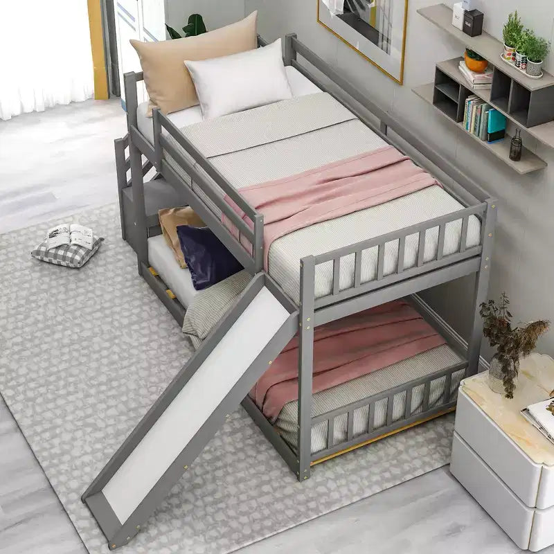 Lit superposé en bois avec toboggan convertible et escalier