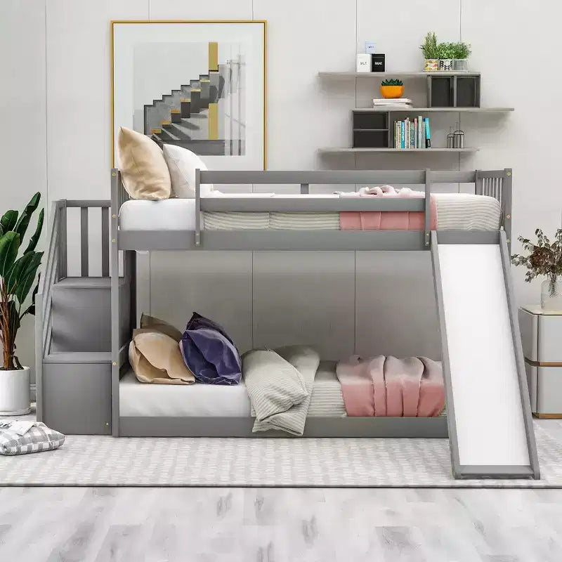 Lit superposé en bois avec toboggan convertible et escalier