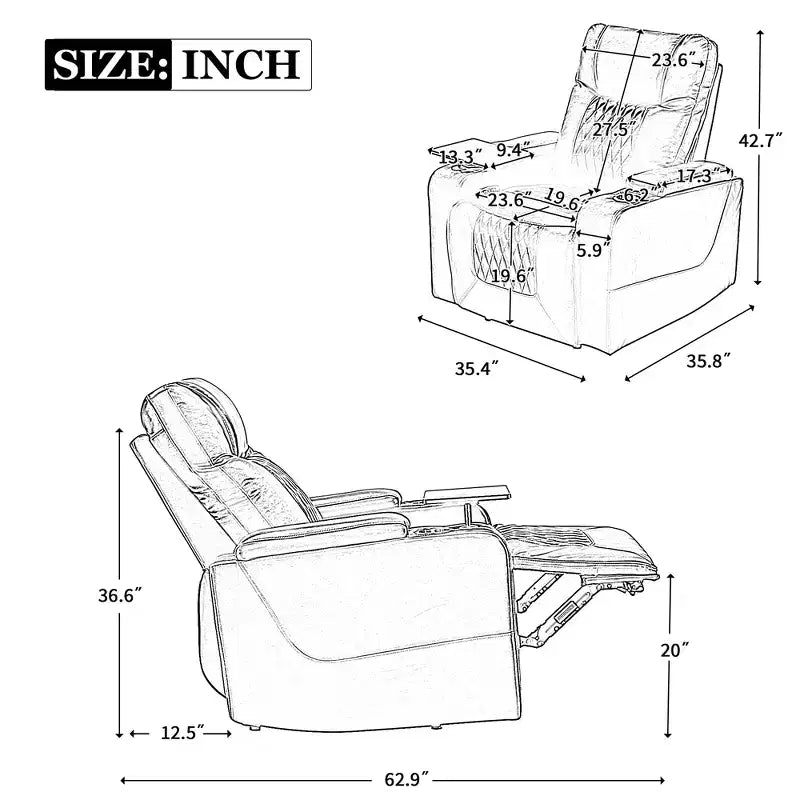 Fauteuil inclinable électrique avec port de chargement USB, 2 porte-gobelets et tablette pivotante à 360°