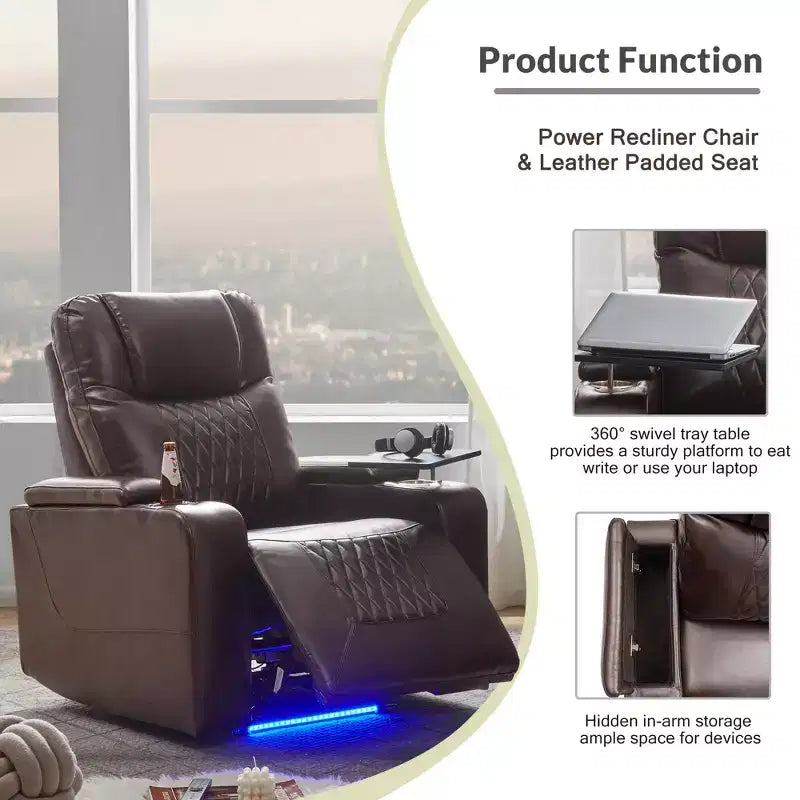 Fauteuil inclinable électrique avec port de chargement USB, 2 porte-gobelets et tablette pivotante à 360°