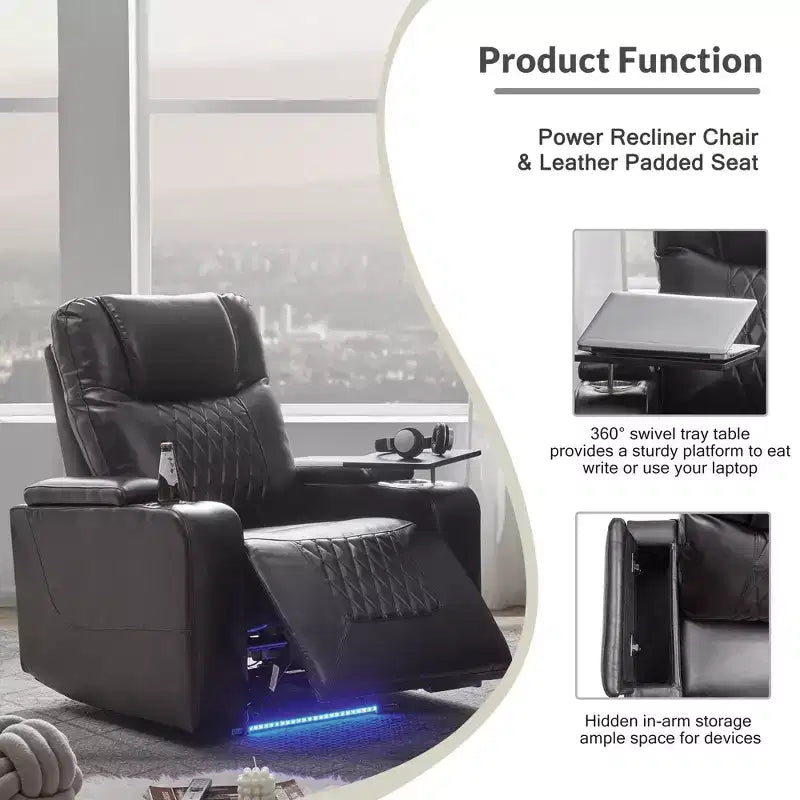 Fauteuil inclinable électrique avec port de chargement USB, 2 porte-gobelets et tablette pivotante à 360°