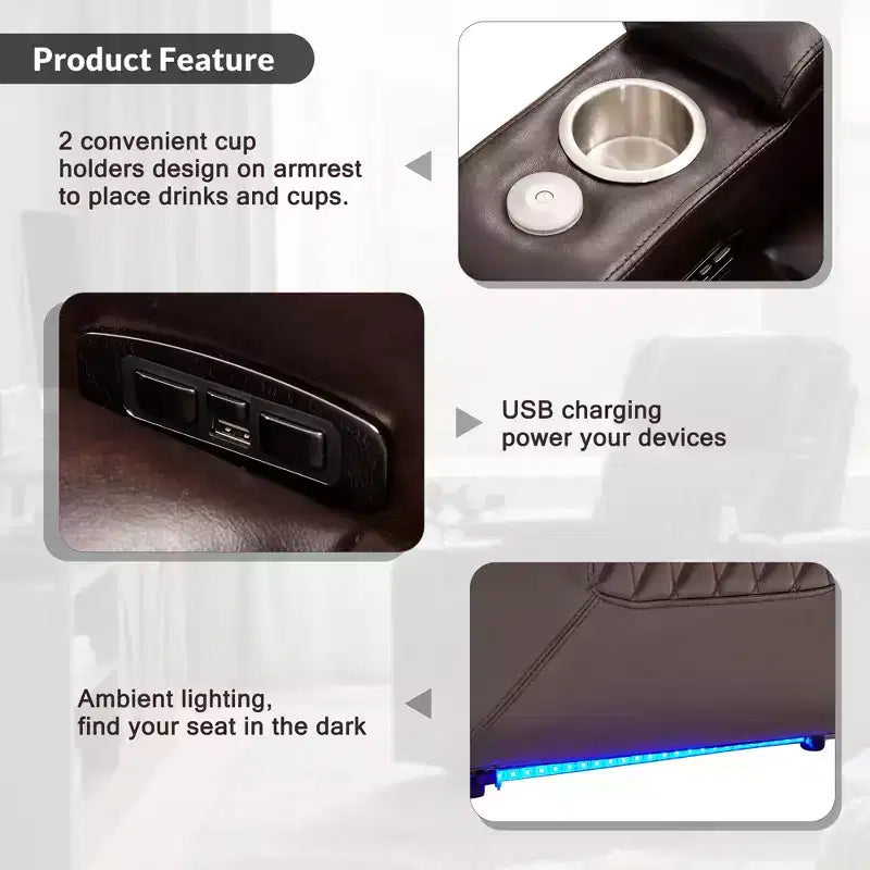 Fauteuil inclinable électrique avec port de chargement USB, 2 porte-gobelets et tablette pivotante à 360°