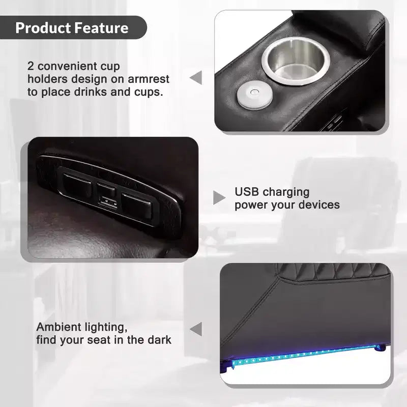 Fauteuil inclinable électrique avec port de chargement USB, 2 porte-gobelets et tablette pivotante à 360°