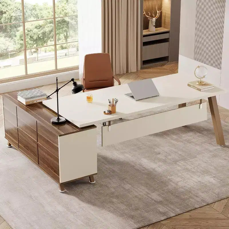 Bureau de direction, bureau d'ordinateur en L avec meuble de rangement