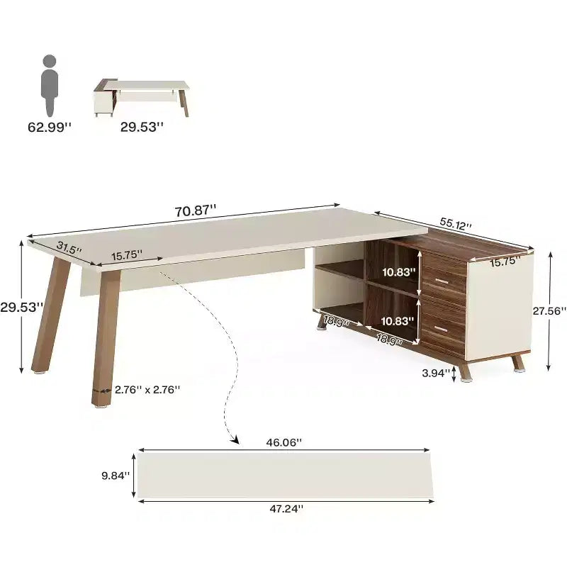 Bureau de direction, bureau d'ordinateur en L avec meuble de rangement