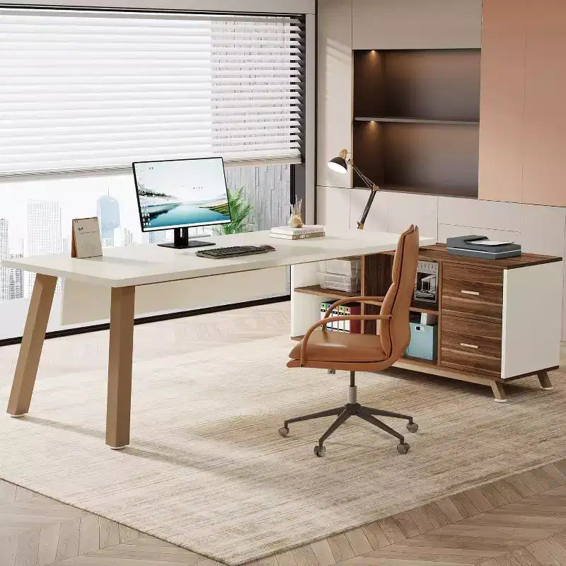Bureau de direction, bureau d'ordinateur en L avec meuble de rangement