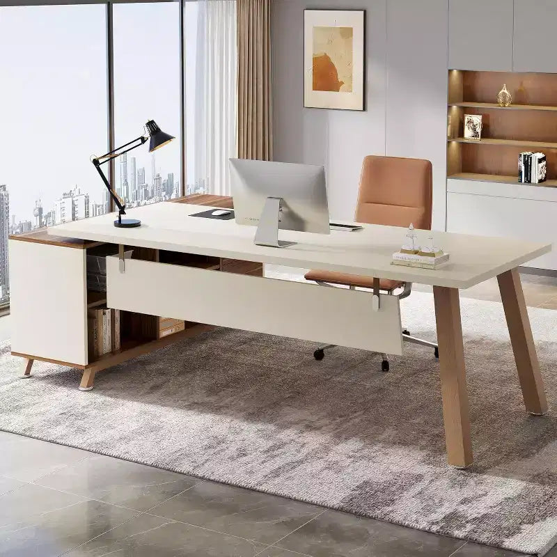 Bureau de direction, bureau d'ordinateur en L avec meuble de rangement