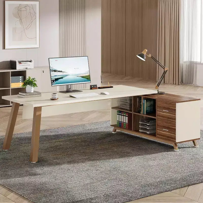 Bureau de direction, bureau d'ordinateur en L avec meuble de rangement