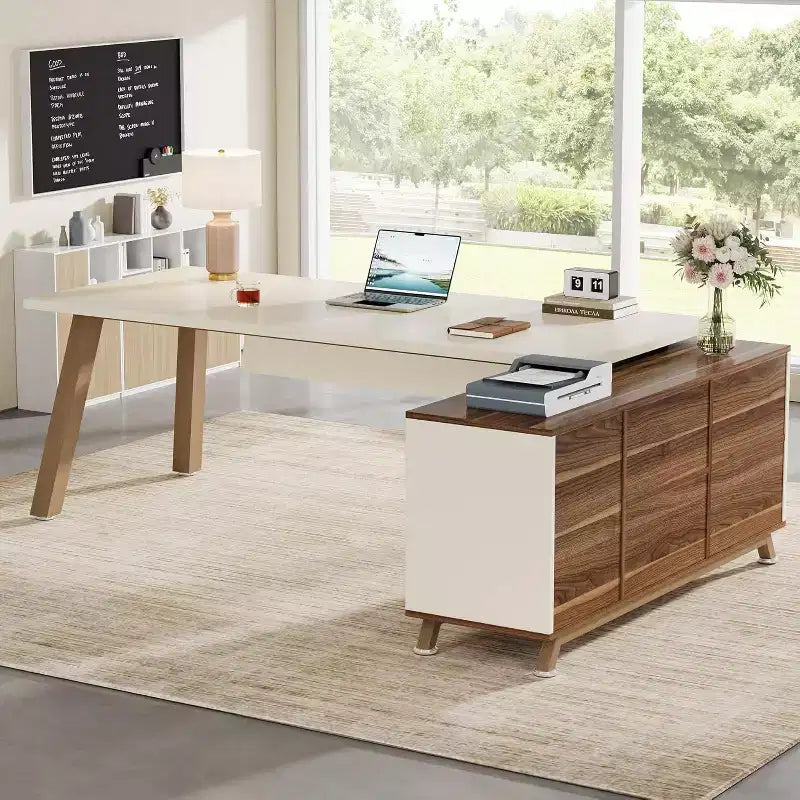 Bureau de direction, bureau d'ordinateur en L avec meuble de rangement