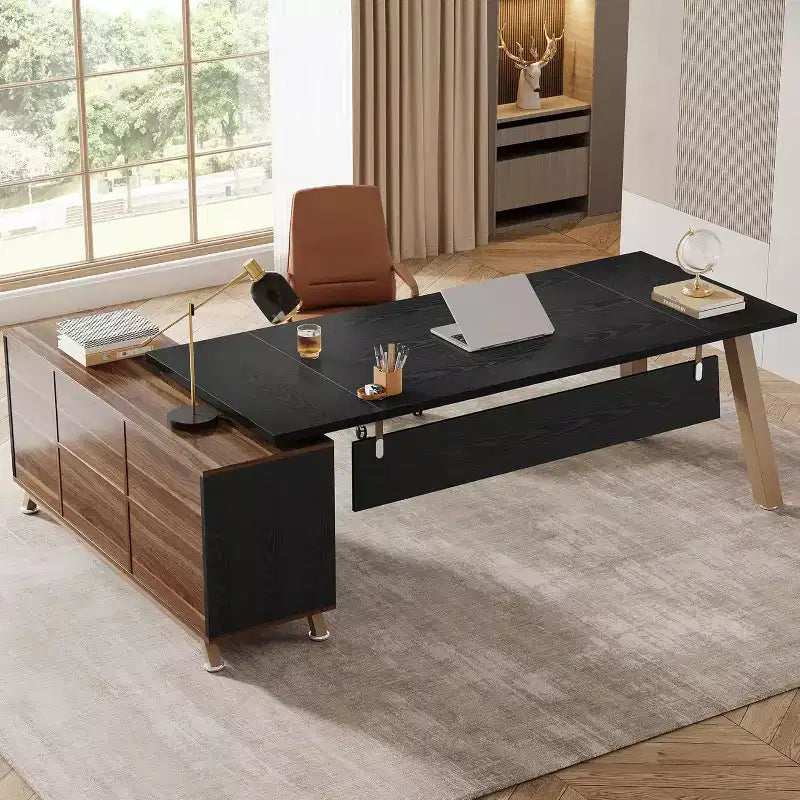 Bureau de direction, bureau d'ordinateur en L avec meuble de rangement