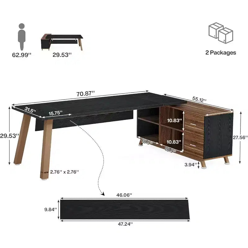 Bureau de direction, bureau d'ordinateur en L avec meuble de rangement
