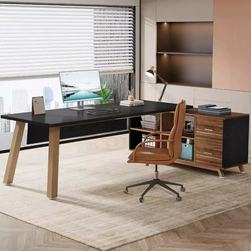 Bureau de direction, bureau d'ordinateur en L avec meuble de rangement