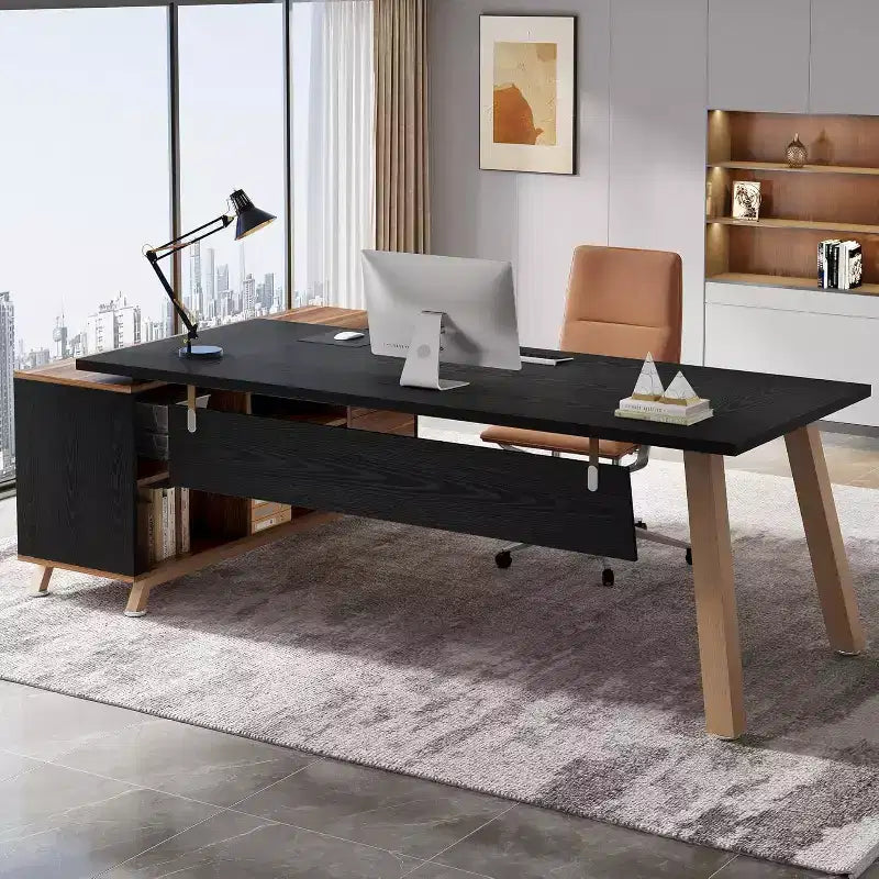 Bureau de direction, bureau d'ordinateur en L avec meuble de rangement