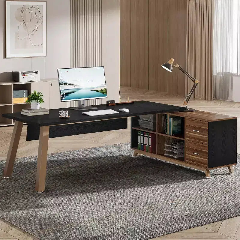Bureau de direction, bureau d'ordinateur en L avec meuble de rangement