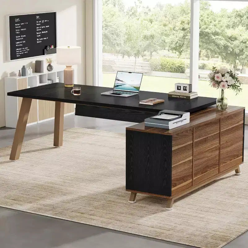 Bureau de direction, bureau d'ordinateur en L avec meuble de rangement