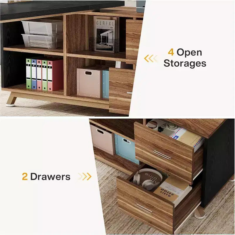 Bureau de direction, bureau d'ordinateur en L avec meuble de rangement