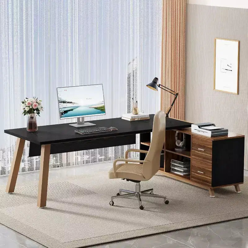 Bureau de direction, bureau d'ordinateur en L avec meuble de rangement
