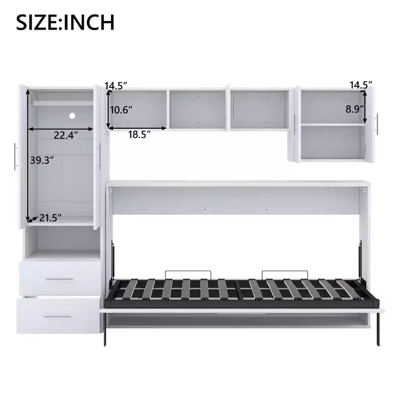 Lit double au design moderne avec armoire intégrée, étagères ouvertes et tiroirs de rangement
