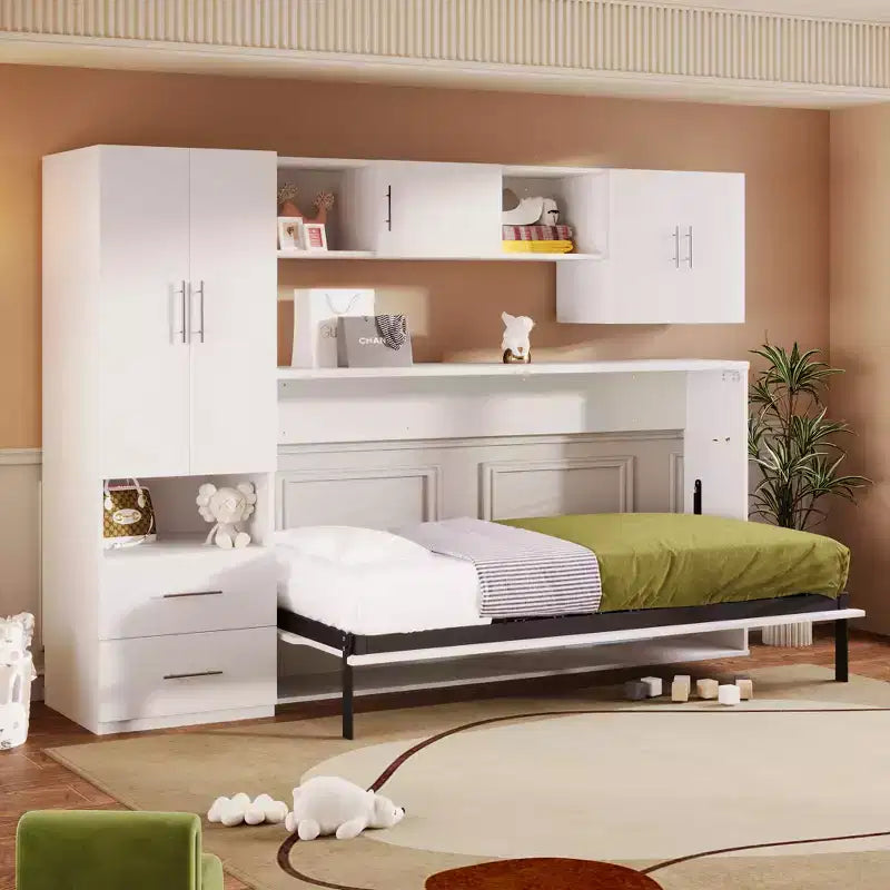 Lit double au design moderne avec armoire intégrée, étagères ouvertes et tiroirs de rangement