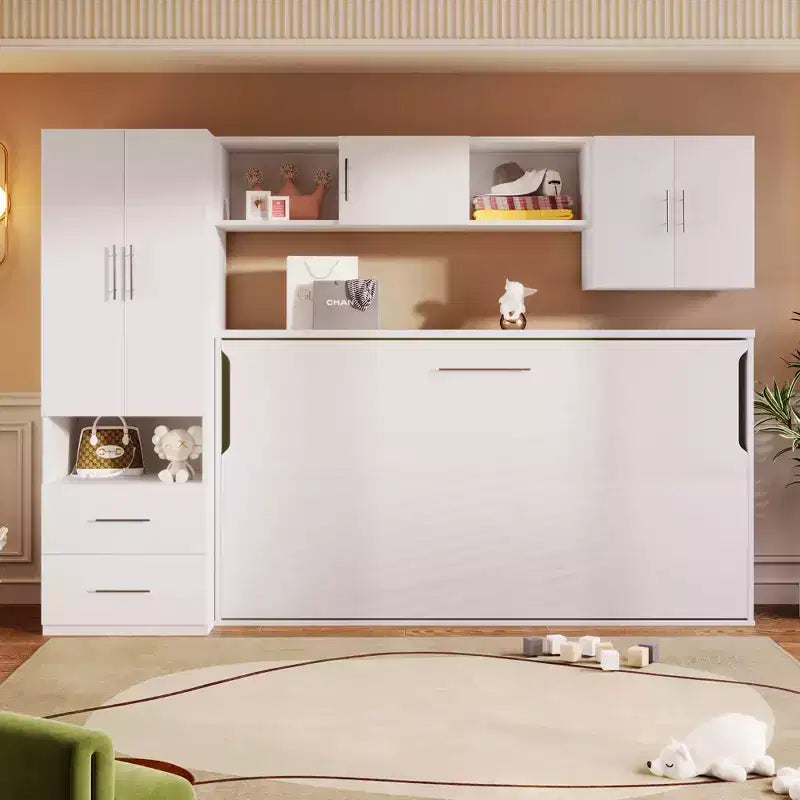 Lit double au design moderne avec armoire intégrée, étagères ouvertes et tiroirs de rangement