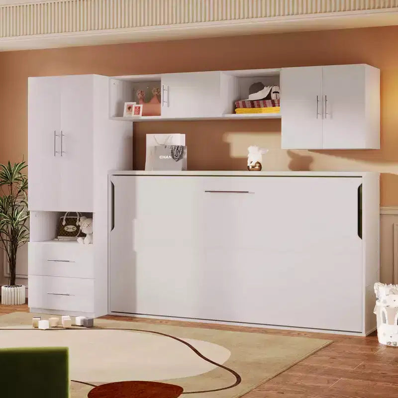 Lit double au design moderne avec armoire intégrée, étagères ouvertes et tiroirs de rangement
