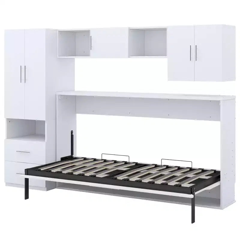 Lit double au design moderne avec armoire intégrée, étagères ouvertes et tiroirs de rangement