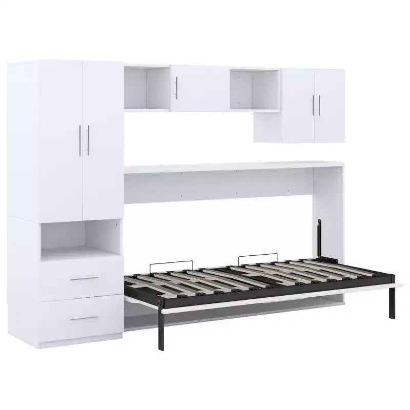 Lit double au design moderne avec armoire intégrée, étagères ouvertes et tiroirs de rangement