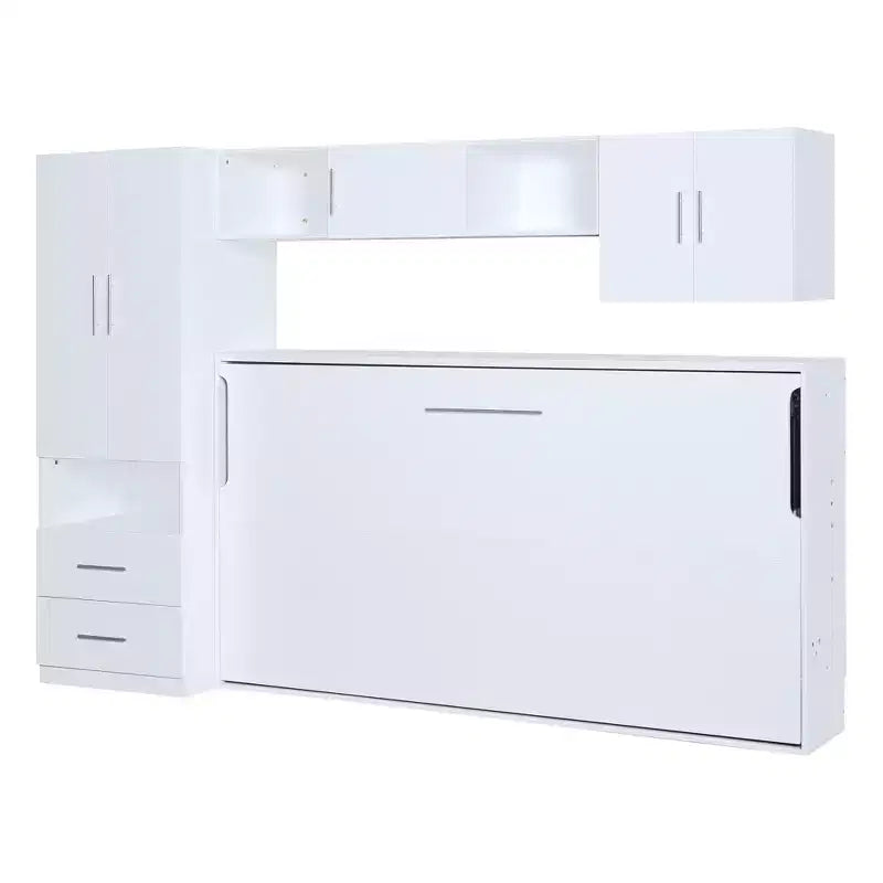 Lit double au design moderne avec armoire intégrée, étagères ouvertes et tiroirs de rangement