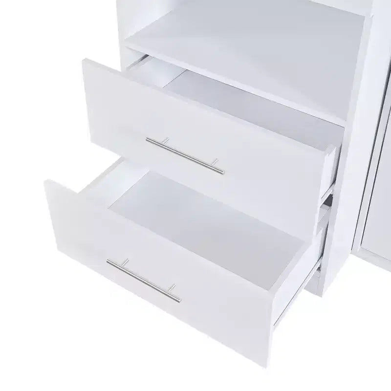 Lit double au design moderne avec armoire intégrée, étagères ouvertes et tiroirs de rangement