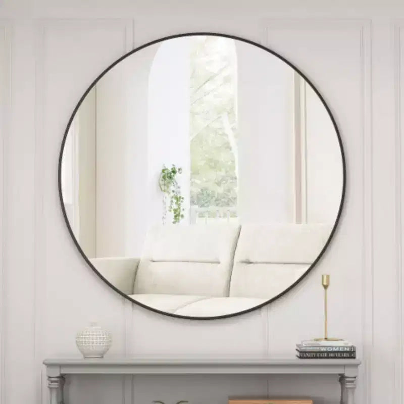 Miroir mural circulaire noir : Cadre en métal, Miroir de courtoisie rond, Coiffeuse