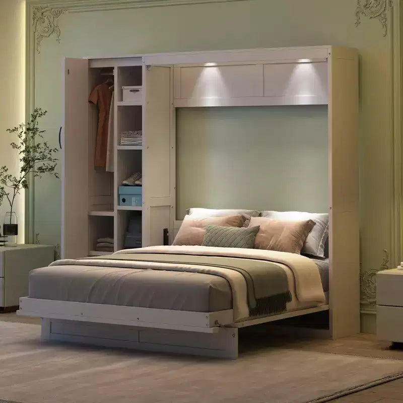 Lit en bois moderne, se repliant en armoire avec étagères, penderie et éclairage LED