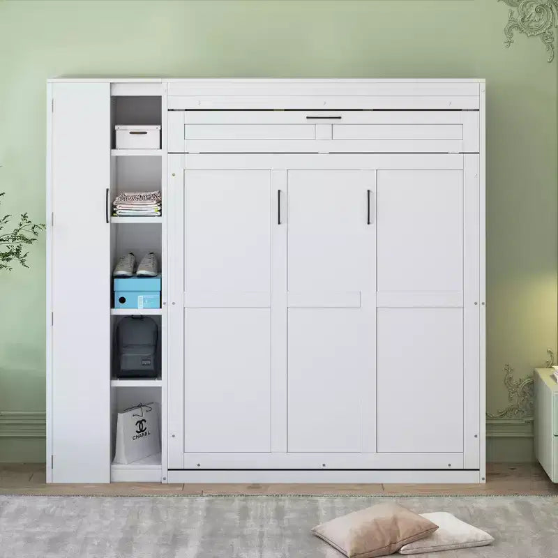 Lit en bois moderne, se repliant en armoire avec étagères, penderie et éclairage LED