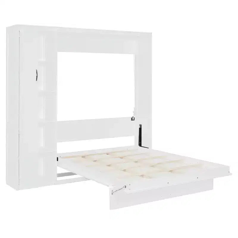 Lit en bois moderne, se repliant en armoire avec étagères, penderie et éclairage LED