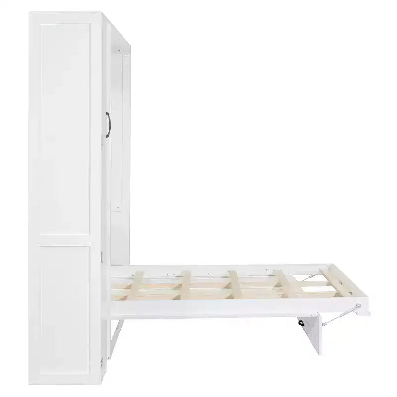 Lit en bois moderne, se repliant en armoire avec étagères, penderie et éclairage LED