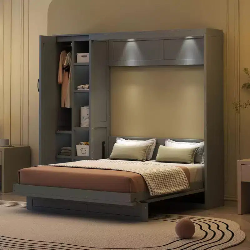 Lit en bois moderne, se repliant en armoire avec étagères, penderie et éclairage LED