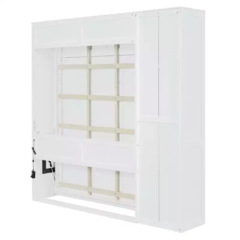 Lit en bois moderne, se repliant en armoire avec étagères, penderie et éclairage LED