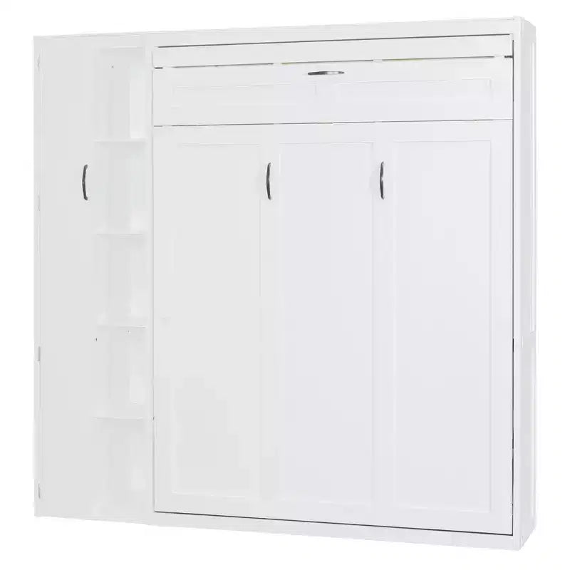 Lit en bois moderne, se repliant en armoire avec étagères, penderie et éclairage LED