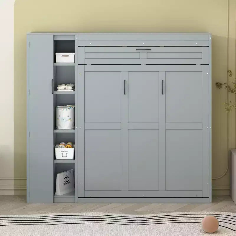 Lit en bois moderne, se repliant en armoire avec étagères, penderie et éclairage LED