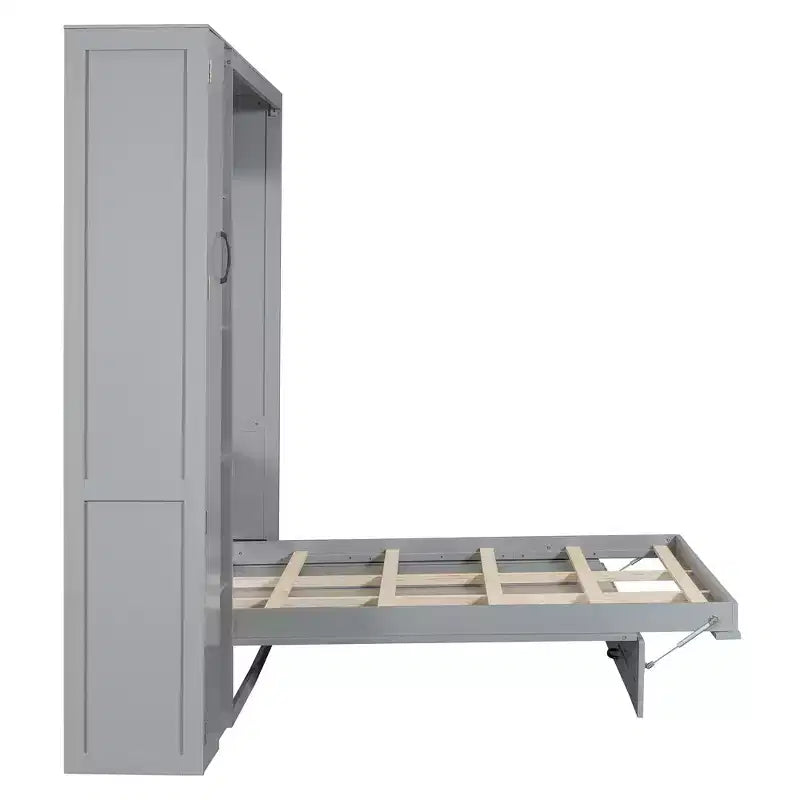 Lit en bois moderne, se repliant en armoire avec étagères, penderie et éclairage LED
