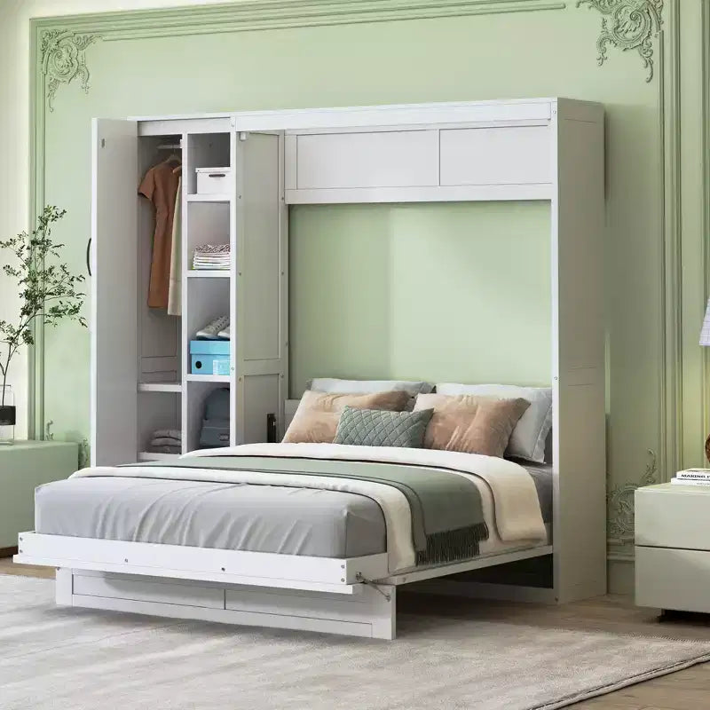 Lit en bois moderne, se repliant en armoire avec étagères, penderie et éclairage LED