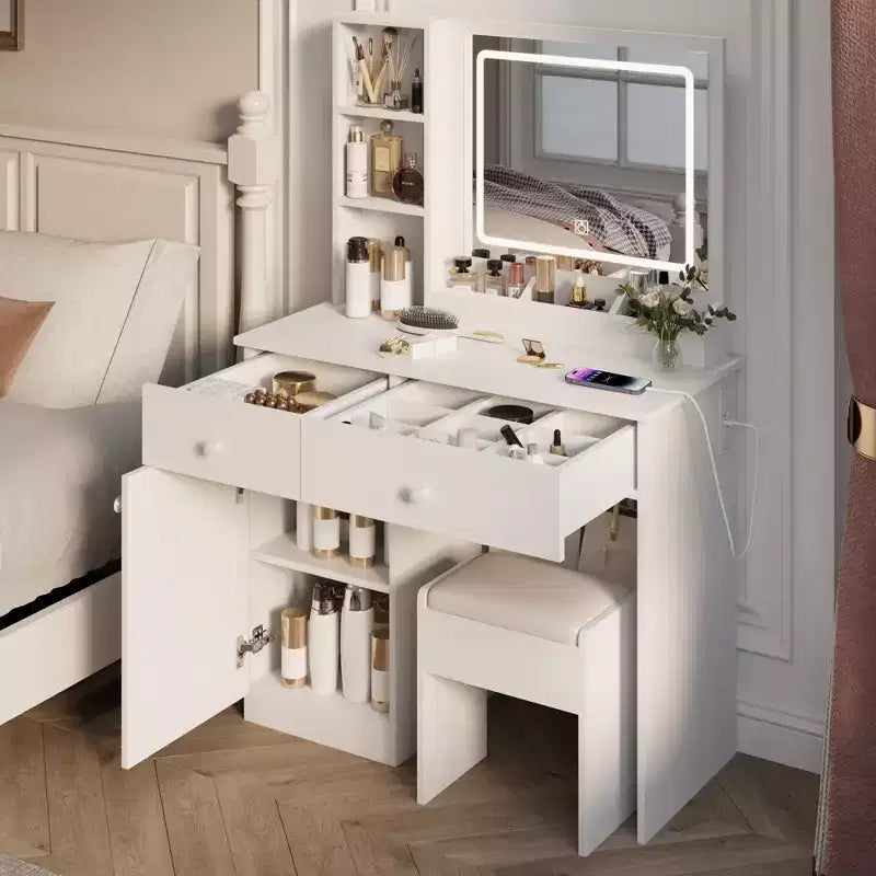 Coiffeuse avec miroir réglable 3 couleurs, avec tabouret et grand espace de rangement