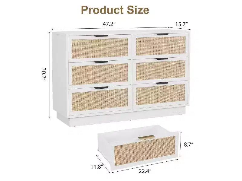 Commode à 6 tiroirs en rotin avec poignées métalliques et base en bois robuste