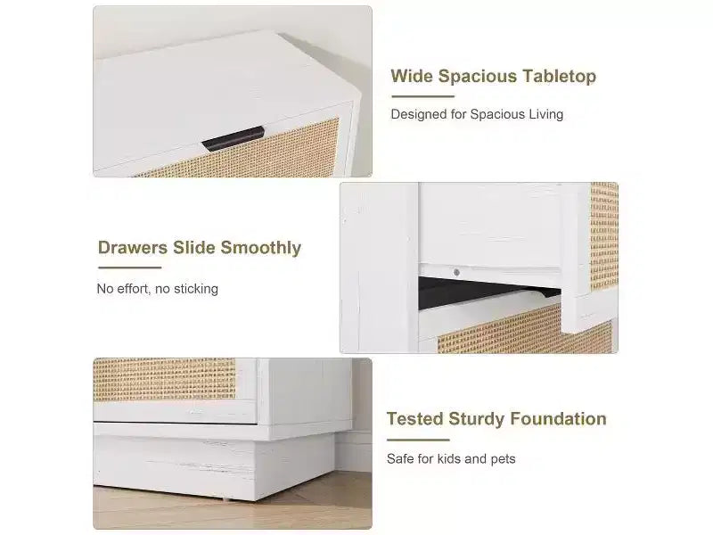 Commode à 6 tiroirs en rotin avec poignées métalliques et base en bois robuste