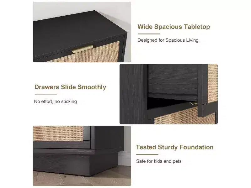 Commode à 6 tiroirs en rotin avec poignées métalliques et base en bois robuste